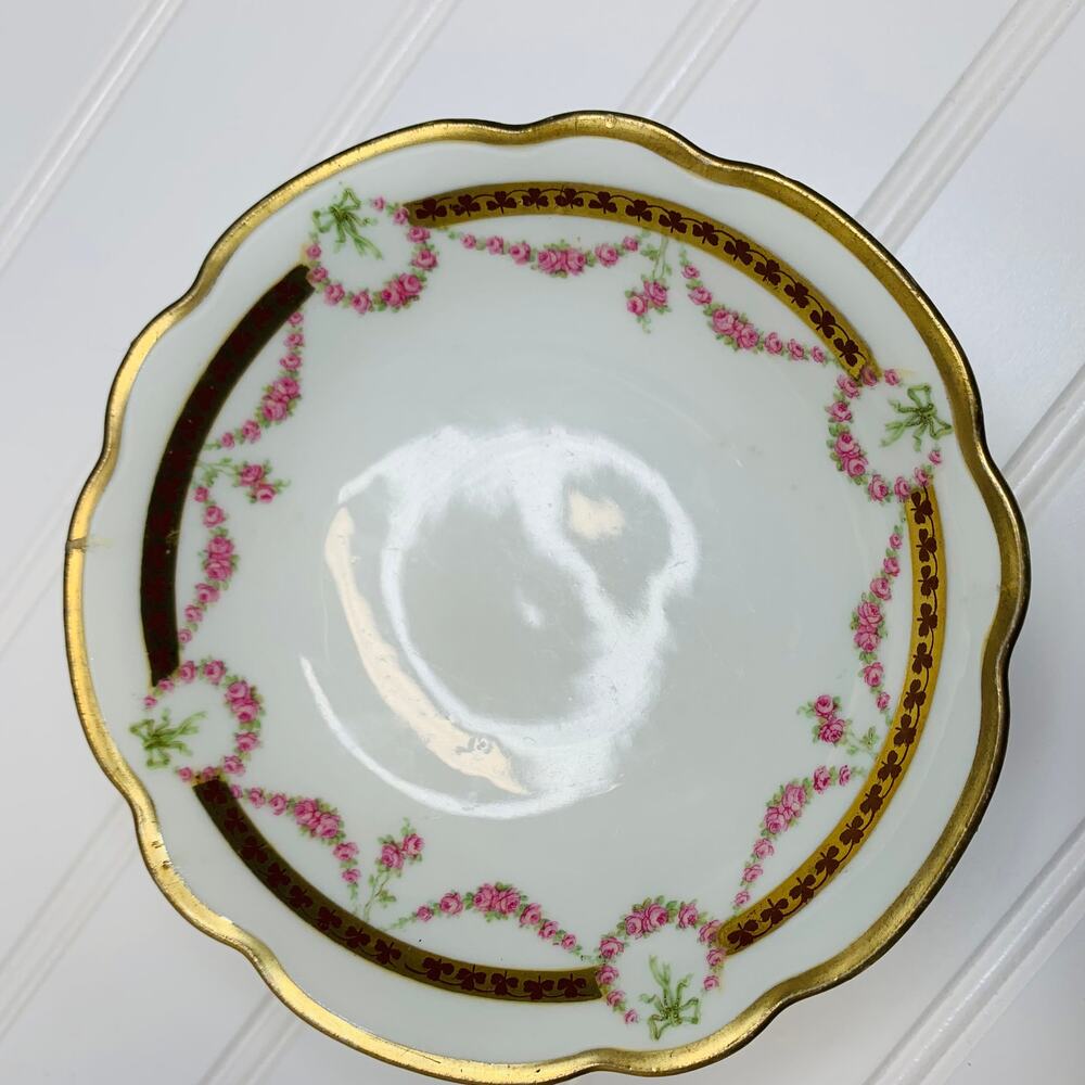 MZ Austria Small Bowl Rose Garland Trim Burgundy Gold Trim Set 6 5" diameter